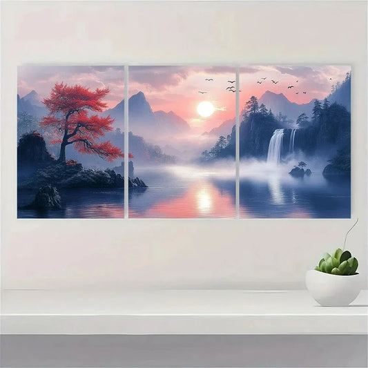 3pcs Mountain Flying Cranes Misty Atmosphere Metal Print Ready to Hang Art