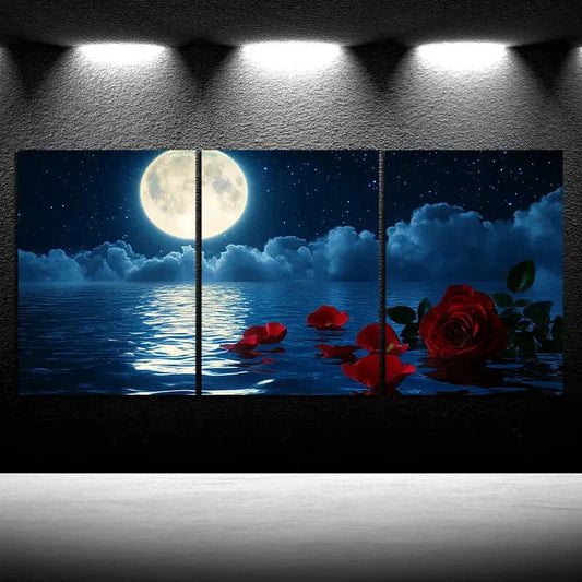 3pcs Beautiful Scenery Night Sky Red Rose Metal Print Ready to Hang Art