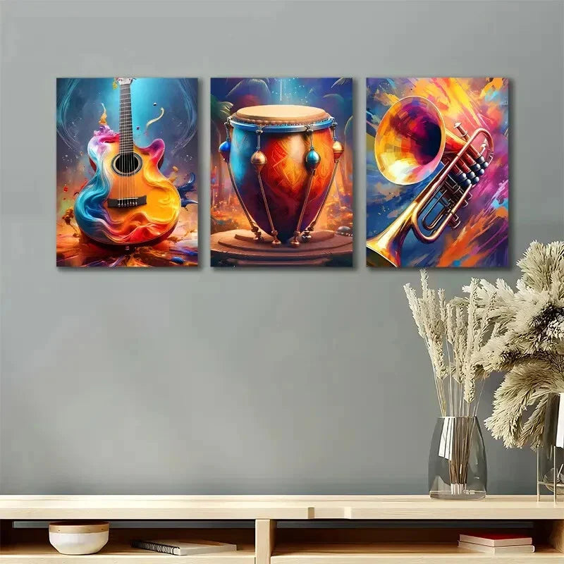 3pcs Vibrant Musical Instruments Guitar Drum Metal Print Ready to Hang Art