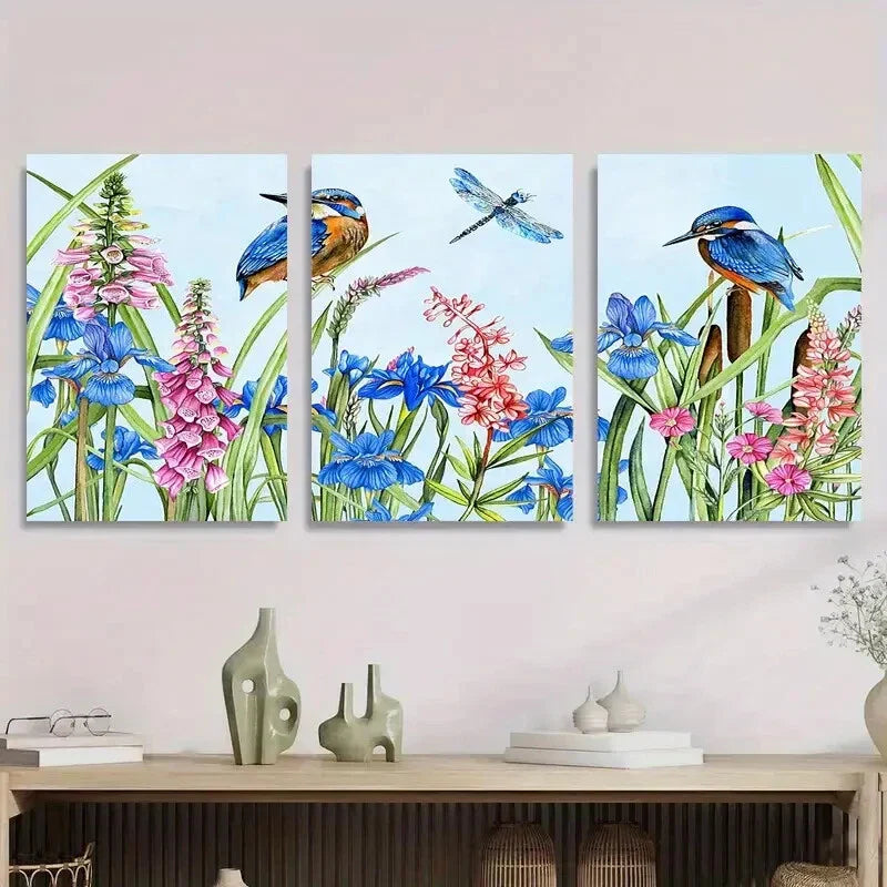 3pcs Kingfisher and Wildflower Nature Inspired Metal Print Ready to Hang Art