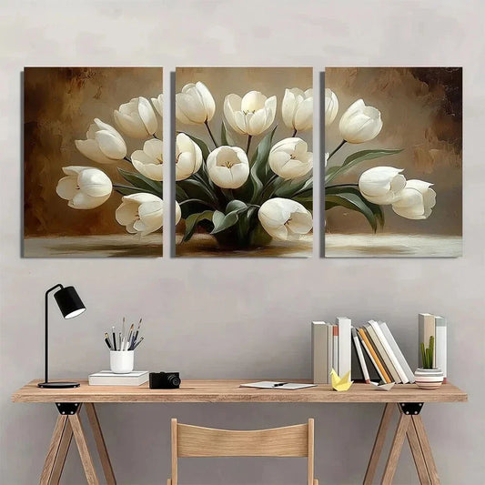 3pcs Elegant White Tulips Oil Painting Style Metal Print Ready to Hang Art
