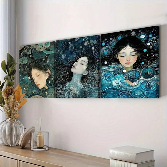 3pcs Sea Goddess Art Deco Blue Background Wall Art Set Canvas Framed 40x60cm - High Quality Print 100% Australian Made Wall Canvas Ready to Hang