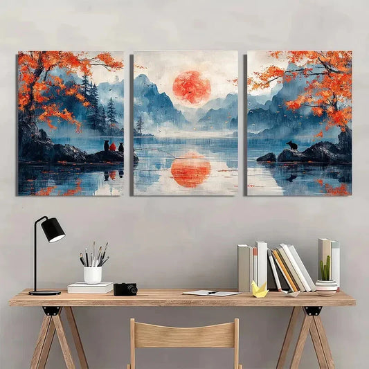 3pcs Cats and Dogs Fishing Nature Scenery Metal Print Ready to Hang Art