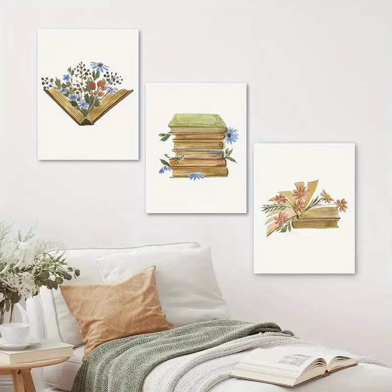 3pcs Watercolor Bohemian Style Floral Book Wall Art Set Canvas Framed 40x60cm - High Quality Print 100% Australian Made Wall Canvas Ready to Hang