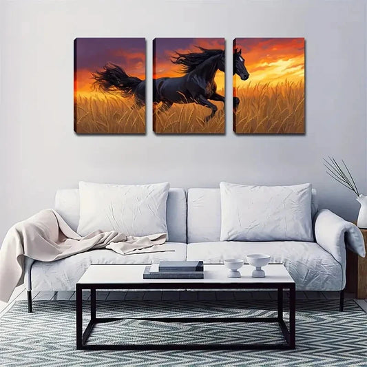 3pcs Running Horse In Rice Elegant Style Wall Art Set Canvas Framed 40x60cm - High Quality Print 100% Australian Made Wall Canvas Ready to Hang