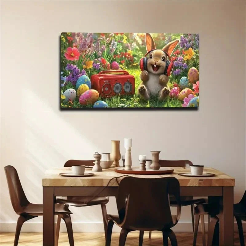 Colorful Flowers Rabbit Vibrant Wall Art Canvas Office Home Room Framed 80x45cm