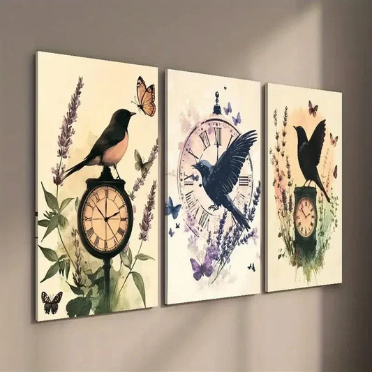 3pcs Vintage Bird & Botanical Clock Wall Art Set Canvas Framed 40x60cm - High Quality Print 100% Australian Made Wall Canvas Ready to Hang
