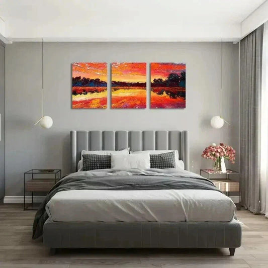 3pcs Colorful Sunset with Lake Reflection Wall Art Set Canvas Framed 40x60cm - High Quality Print 100% Australian Made Wall Canvas Ready to Hang