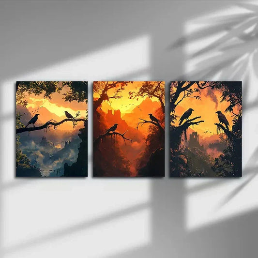 3pcs Elegant Sunset Scenery Silhouette Metal Print Ready to Hang Art