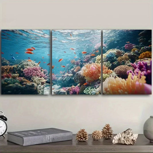 3pcsVibrant Coral Reef & Fish Design Nature Wall Art Set Canvas Framed 40x60cm - High Quality Print 100% Australian Made Wall Canvas Ready to Hang