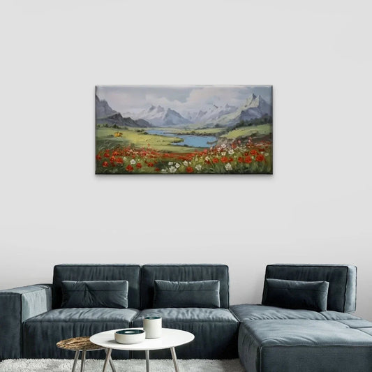 Mountain View Flowers Wall Art Canvas Office Home Room Framed 80x45cm