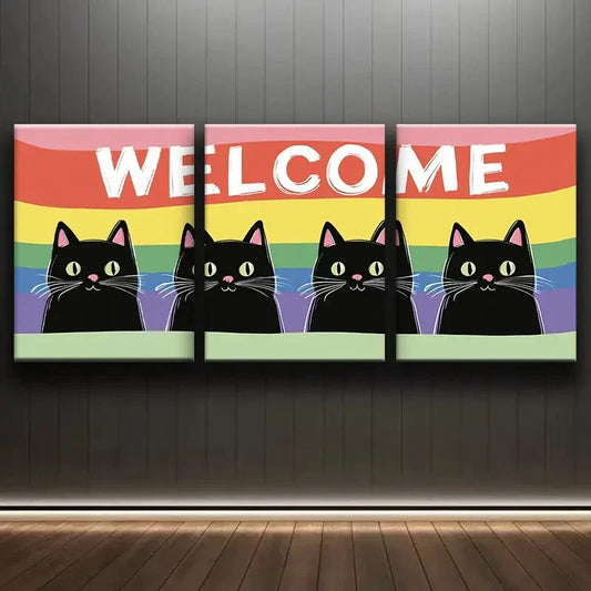 3pcs Welcome Kitty Design Colorful Cute Wall Art Set Canvas Framed 40x60cm - High Quality Print 100% Australian Made Wall Canvas Ready to Hang