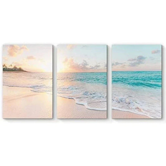 3pcs Teal Beach Waves on Shore at Sunset Nature Metal Print Ready to Hang Art