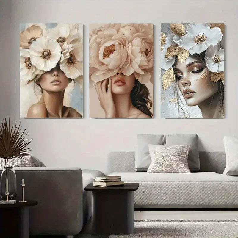 3pcs Modern Abstract Floral Portraits Metal Print Ready to Hang Art