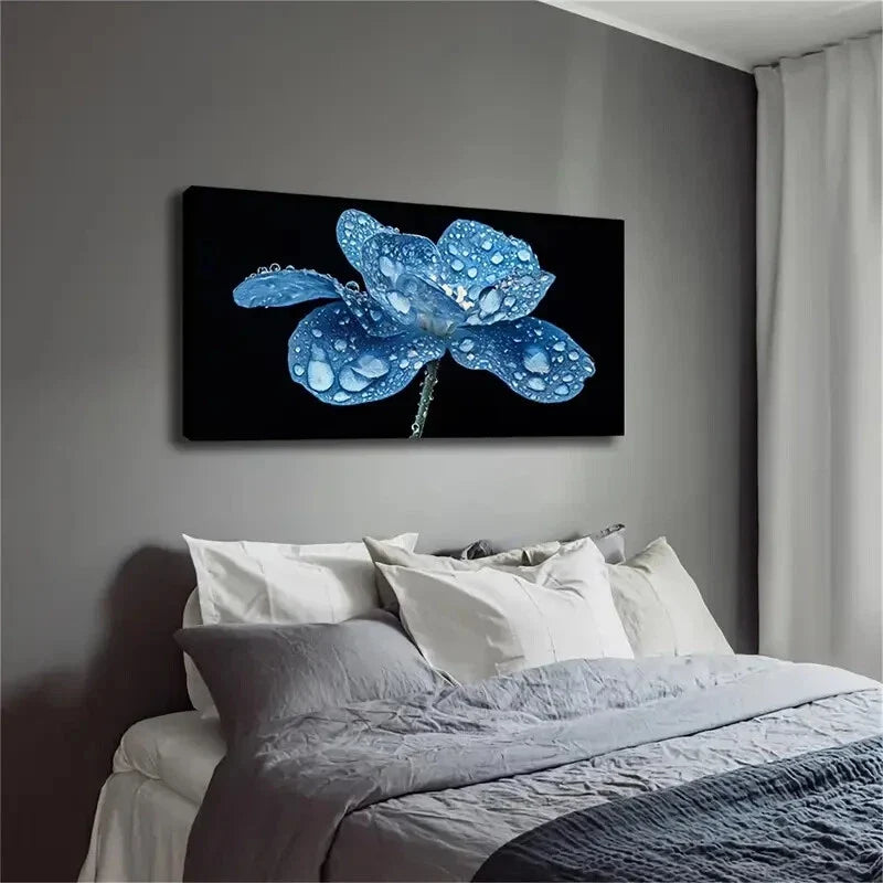 Blue Flowers Gable Droplets Wall Art Canvas Office Home Room Framed 120x60cm