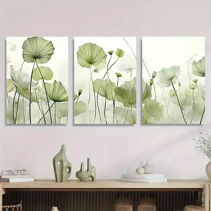 3pcs Serene Green for Lotus Leaves Abstract Metal Print Ready to Hang Art