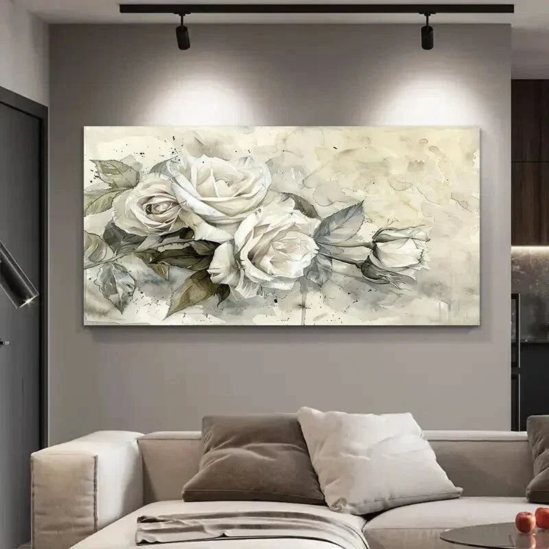 Watercolor White Rose Floral Wall Art Canvas Office Home Room Framed 120x60cm