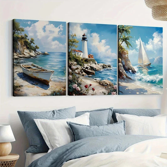 3pcs Beach House Light House Sail Boat Blue Sky Wall Art Set Canvas Framed 40x60cm - High Quality Print 100% Australian Made Wall Canvas Ready to Hang