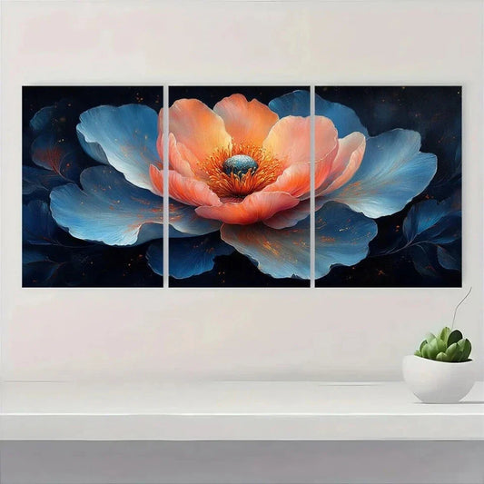 3pcs Vibrant Peony Floral Dark Blue & Orange Metal Print Ready to Hang Art