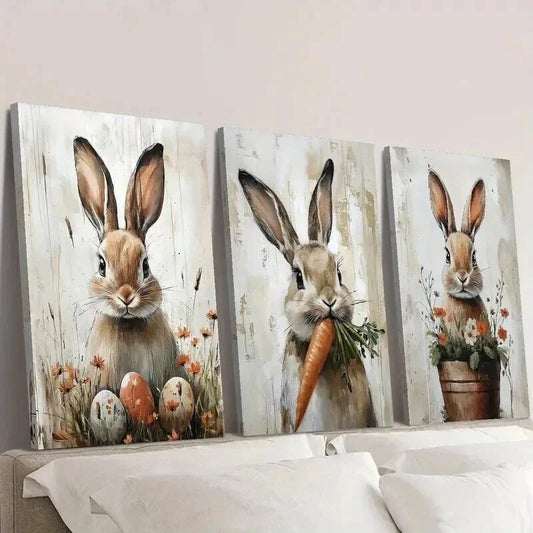 3pcs Rabbits with Eggs & Carrots Wall Art Set Canvas Framed 40x60cm - High Quality Print 100% Australian Made Wall Canvas Ready to Hang
