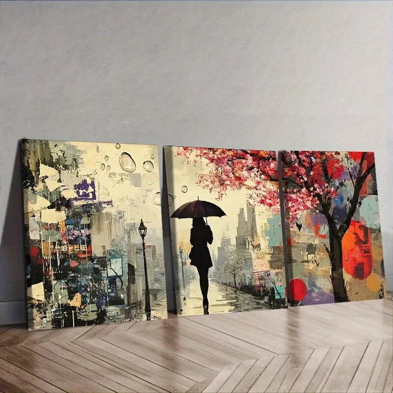 3pcs A Woman Walks With An Umbrella Wall Art Set Canvas Framed 40x60cm - High Quality Print 100% Australian Made Wall Canvas Ready to Hang