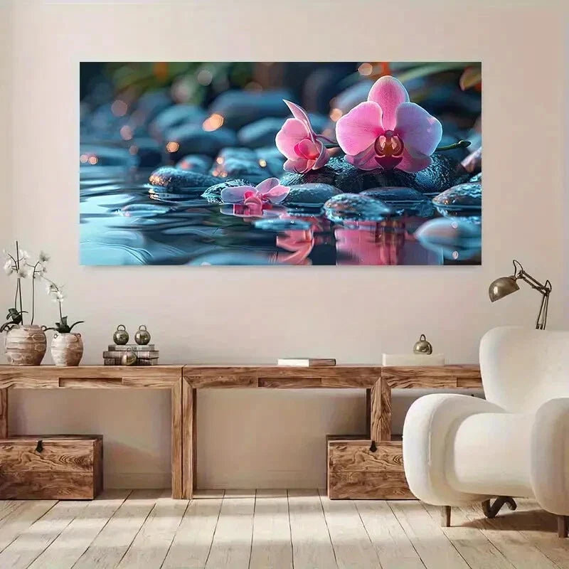 Pink Orchids on Rocks Water Wall Art Canvas Office Home Room Framed 80x45cm