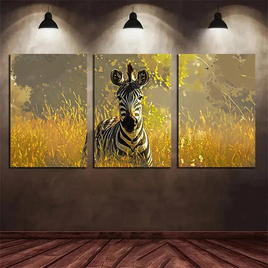 3pcs Zebra Animal Nature Yellow Grasses Metal Print Ready to Hang Art