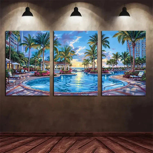 3pcs Tropical Poolside White Palm Trees and Blue Metal Print Ready to Hang Art