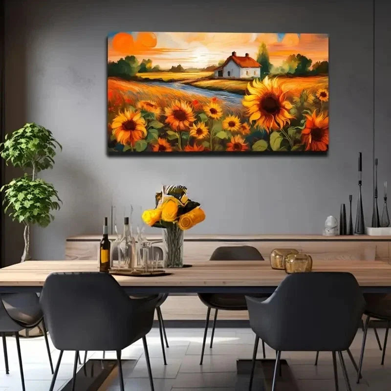 Sunflower Country Landscape Wall Art Canvas Office Home Room Framed 80x45cm