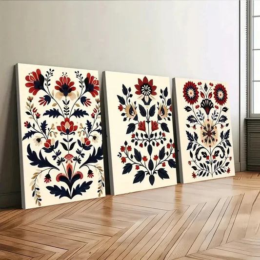 3pcs Red Flowers Nordic Style Scandian Folk Art Wall Art Set Canvas Framed 40x60cm - High Quality Print 100% Australian Made Wall Canvas Ready to Hang
