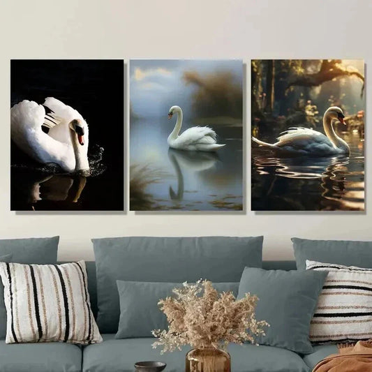 3pcs Elegant White Swans in Serene Water Scenes Wall Art Set Canvas Framed 40x60cm - High Quality Print 100% Australian Made Wall Canvas Ready to Hang