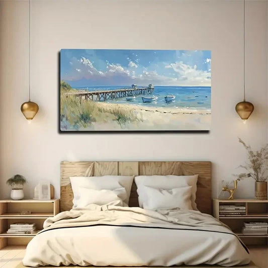 Coastal Wooden Dock & Boat Wall Art Canvas Office Home Room Framed 120x60cm