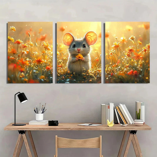 3pcs Mouse & Meadow Scene Vibrant Floral Metal Print Ready to Hang Art