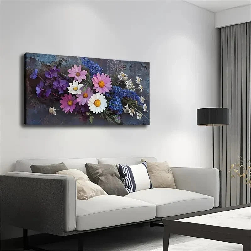 Vibrant Floral Design Wooden Wall Art Canvas Office Home Room Framed 80x45cm