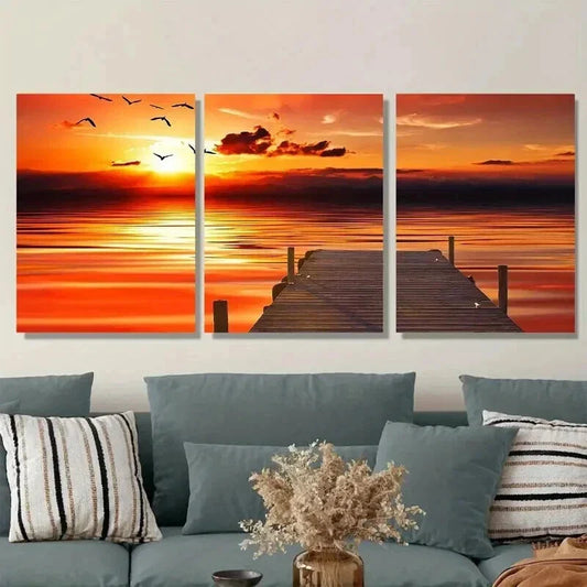 3pcs Orange Pink Blue Sunset With Birds Wall Art Set Canvas Framed 40x60cm - High Quality Print 100% Australian Made Wall Canvas Ready to Hang