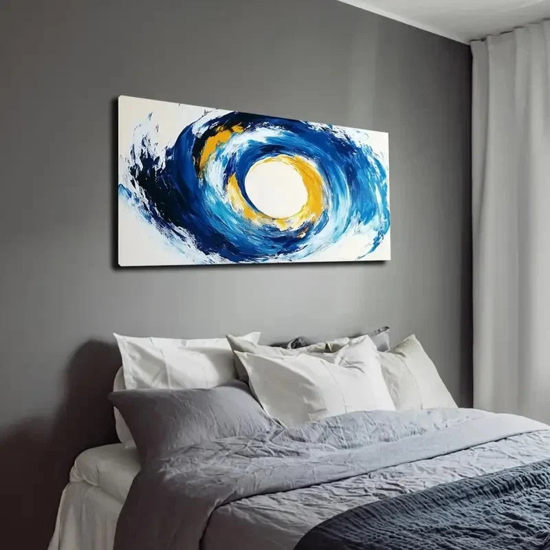 Vibrant Blue & Golden Swirls Wall Art canvas office home room framed 120x60cm