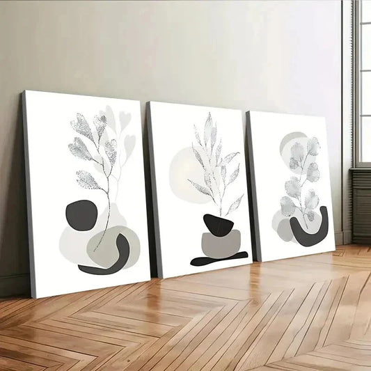 3pcs Beige Gray Liner Florals Leaves Black Stone Wall Art Set Canvas Framed 40x60cm - High Quality Print 100% Australian Made Wall Canvas Ready to Hang