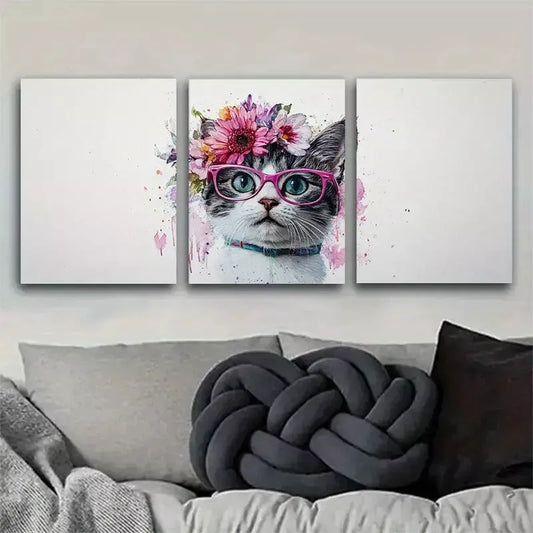 3pcss crown of vibrant flowers Fashionable Kitty Wall Art Set Canvas Framed 40x60cm - High Quality Print 100% Australian Made Wall Canvas Ready to Hang