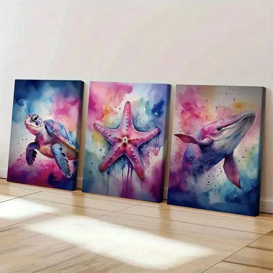 3pcs Whale Turtle & Starfish Marine Life Wall Art Set Canvas Framed 40x60cm - High Quality Print 100% Australian Made Wall Canvas Ready to Hang