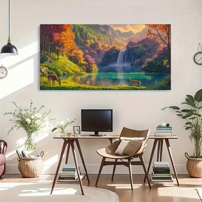 Waterfall & Deer Spring Winter Wall Art Canvas Office Home Room Framed 120x60cm