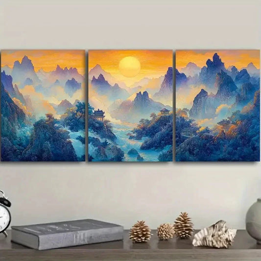 3pcs Vibrant Blue & Golden Sky Sunrise Metal Print Ready to Hang Art