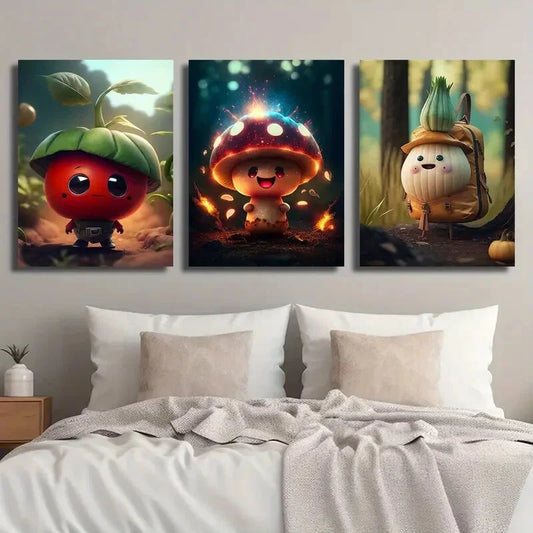 3pcs Funny Tomato Mushroom Onion Cartoon Metal Print Ready to Hang Art
