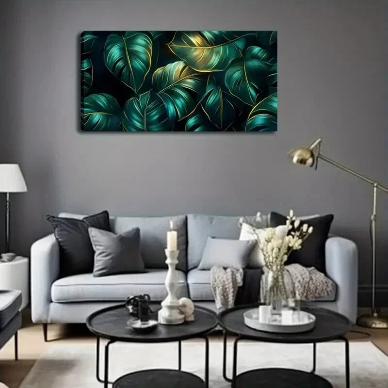 Vibrant Green Leaves & Golden Wall Art Canvas Office Home Room Framed 120x60cm