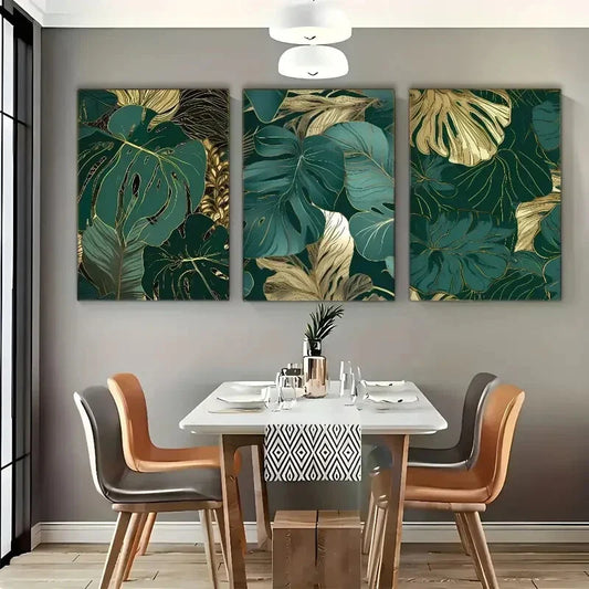 3pcs Elegant Botanical Golden and Cyan Leaves Metal Print Ready to Hang Art