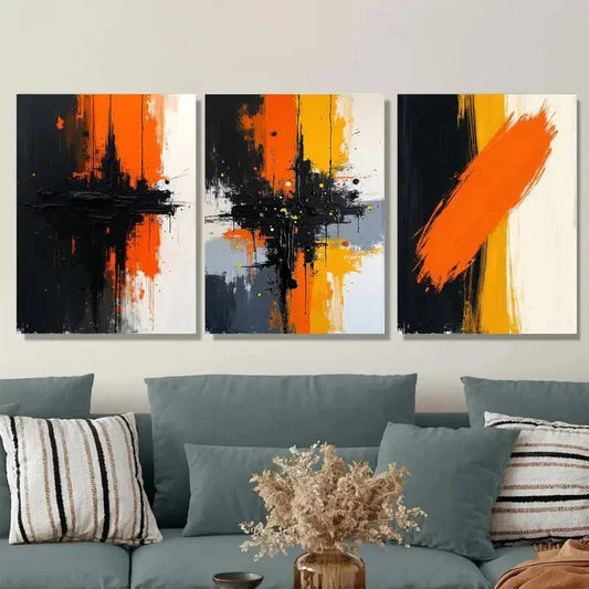 3pcs Abstract Vibrant Orange & Black White Wall Art Set Canvas Framed 40x60cm - High Quality Print 100% Australian Made Wall Canvas Ready to Hang