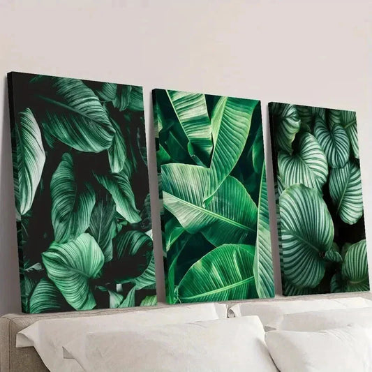 3pcs Emerald Green Botanical Tropical Leaf Wall Art Set Canvas Framed 40x60cm - High Quality Print 100% Australian Made Wall Canvas Ready to Hang