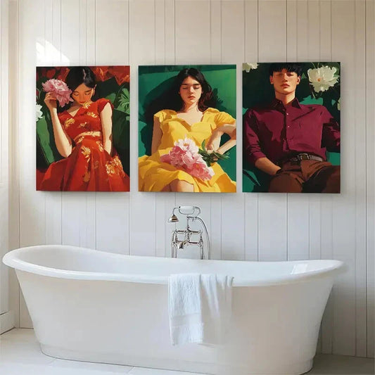 3pcs Young Couple with Flowers Vibrant Perfect Wall Art Set Canvas Framed 40x60cm - High Quality Print 100% Australian Made Wall Canvas Ready to Hang