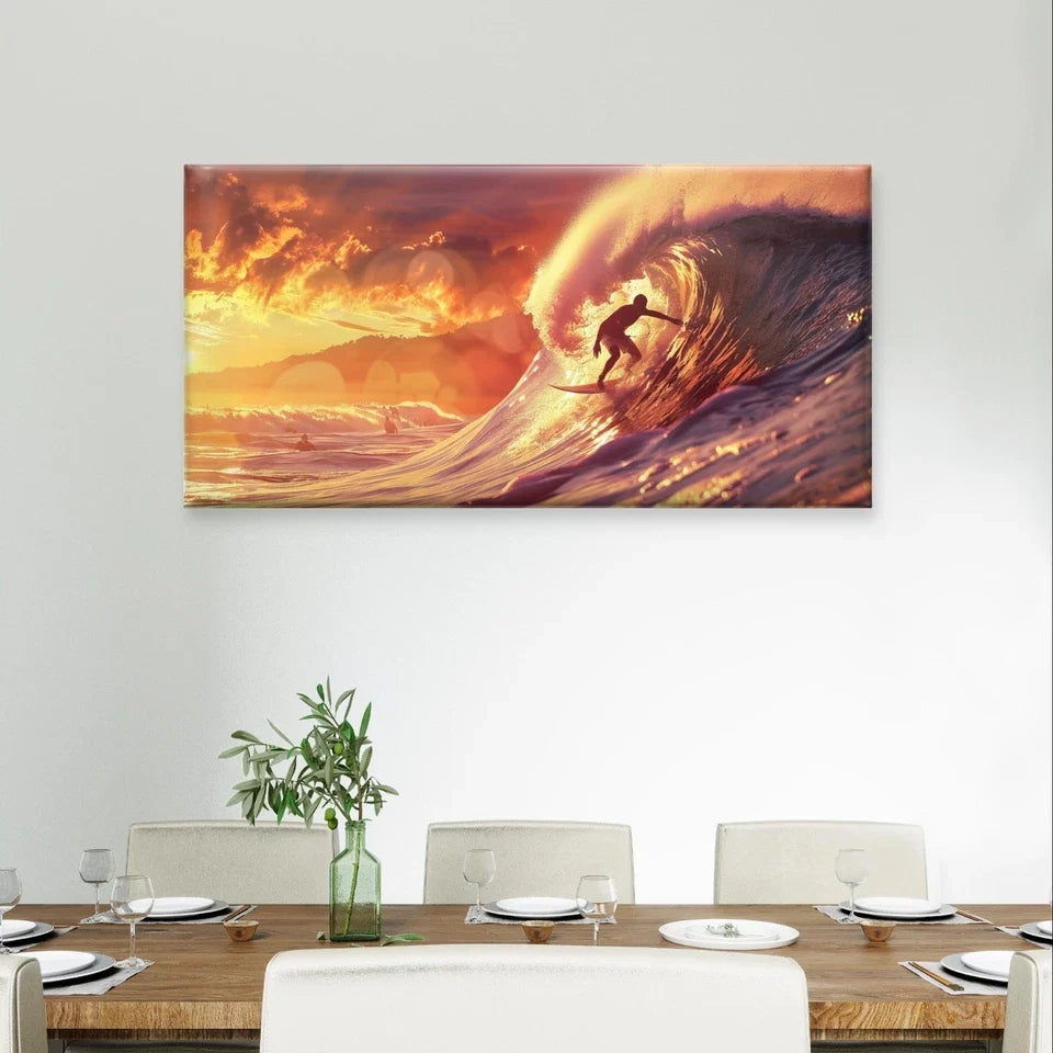 Surfer Catching Golden Hour Wave Wall Art Canvas Office Home Framed 80x45cm