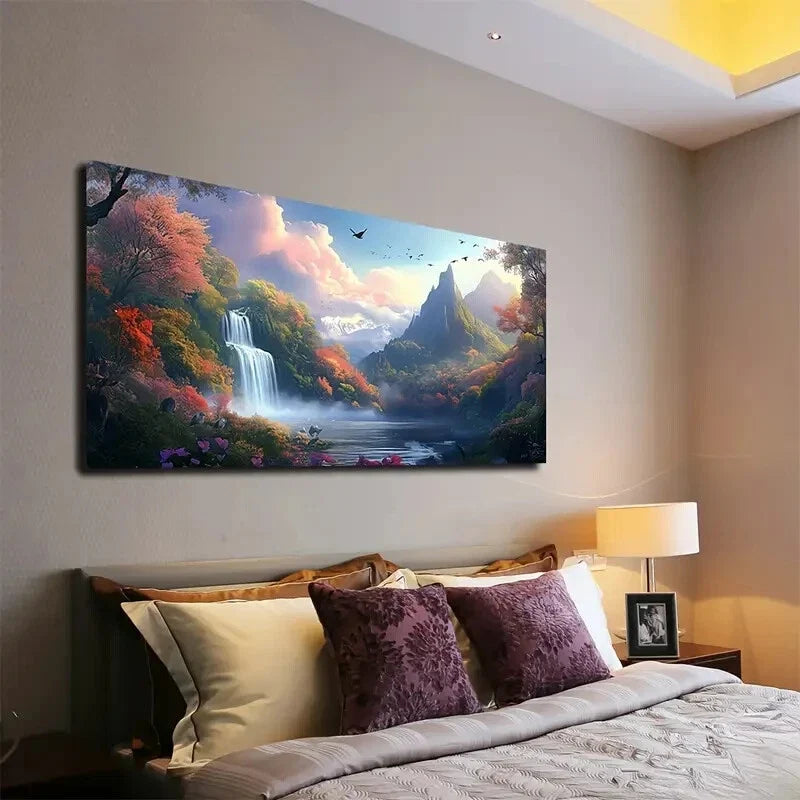 Flying Geese & Serene Waterfall Wall Art Canvas Office Home Room Framed 120x60cm