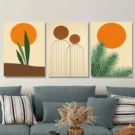 3pcs Modern Abstract Minimalist Sunset and Plant Metal Print Ready to Hang Art